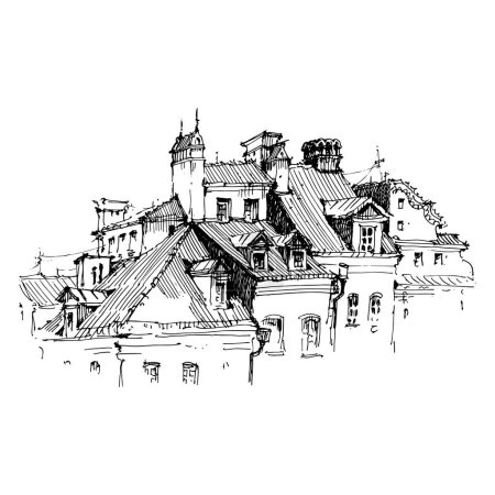 Illustration for Sketch of the street. Old city street in hand drawn sketch style. Vector illustration. Black and white urban landscape on white background - Royalty Free Image
