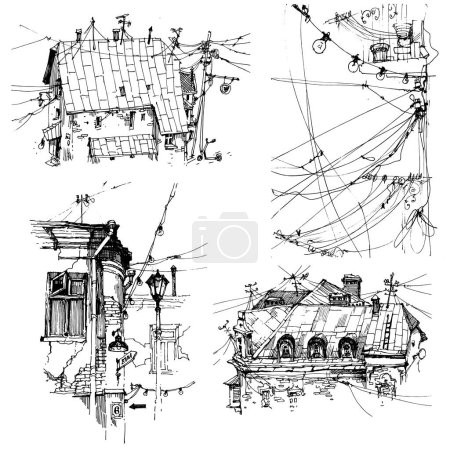 Illustration for Sketch of the street. Old city street in hand drawn sketch style. Vector illustration. Black and white urban landscape on white background - Royalty Free Image