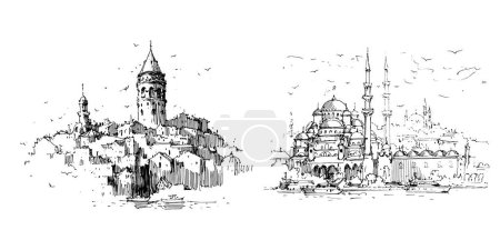 Illustration for Hand drawn sketch-style illustration of an old vintage line art architecture - Royalty Free Image