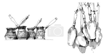 Téléchargez les illustrations : Ensemble de bol à café dessiné à la main. illustration vectorielle - en licence libre de droit