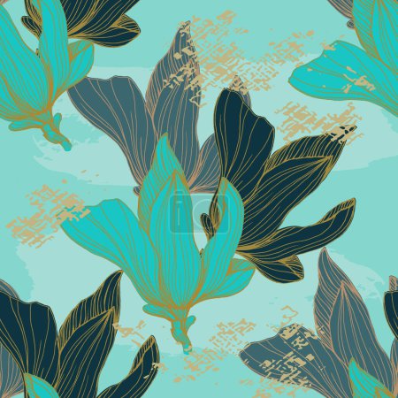 Seamless Floral Pattern. Magnolia Flowers and Leaves Background. Design Element for Greeting Cards and Wedding, Birthday and other Holiday and Invitation Cards.