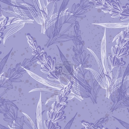 Illustration for Lavender flowers illustration with lavender and seamless pattern background. Seamless pattern for fabric, paper and other printing and web projects. - Royalty Free Image