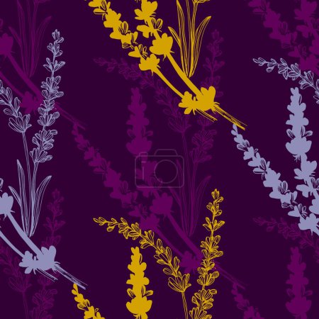 Illustration for Lavender flowers illustration with lavender and seamless pattern background. Seamless pattern for fabric, paper and other printing and web projects. - Royalty Free Image