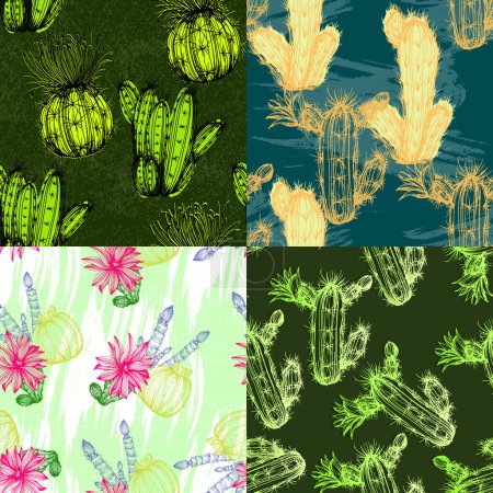 Illustration for Vector seamless pattern with different cactus. Bright repeated texture with green cacti. Natural hand drawing background with desert plants for fabric, paper and other printing and web projects. - Royalty Free Image