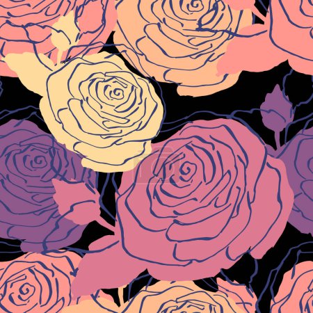 Illustration for Vector seamless pattern with rose flowers. Hand drawn floral repeat ornament of blossoms in sketch style. Usable for wrapping paper, covers, textile. - Royalty Free Image