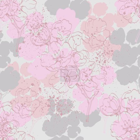 Téléchargez les illustrations : Modèle sans couture Sakura avec fleur de cerisier. Illustration vectorielle vintage dessinée à la main dans le style croquis. - en licence libre de droit