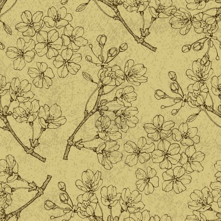 Ilustración de Patrón sin costuras Sakura con flor de cerezo. Vintage ilustración vectorial dibujado a mano en estilo de boceto. - Imagen libre de derechos