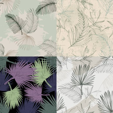 Illustration for Elegant seamless pattern with green hand drawn line tropical leaves. A contemporary collage with simple shapes. Modern exotic design for paper, cover, fabric, wallpaper, interior. Vector graphics. - Royalty Free Image
