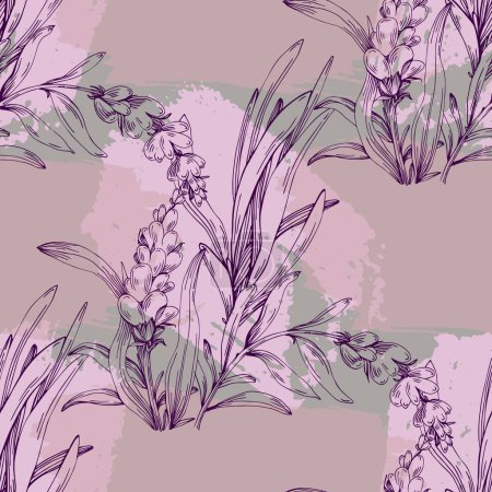 Illustration for Hand drawn Lavender seamless flowers repeat pattern. Surface pattern design. Elegant lavender background. Vintage sketch. Botanical illustration. Vector pattern or card design. - Royalty Free Image