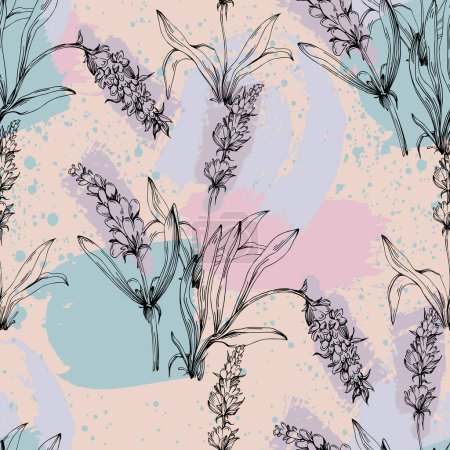 Illustration for Hand drawn Lavender seamless flowers repeat pattern. Surface pattern design. Elegant lavender background. Vintage sketch. Botanical illustration. Vector pattern or card design. - Royalty Free Image