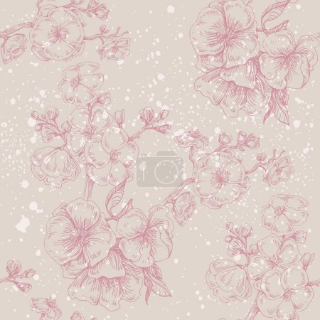 Illustration for Seamless pattern with cherry tree blossom. Vintage hand drawn vector illustration in sketch style. Pink cherry flowers textile print, spring tree blossom fabric, rosy simple flowers. - Royalty Free Image
