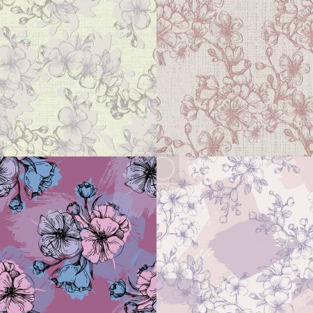 Illustration for Seamless pattern with cherry tree blossom. Vintage hand drawn vector illustration in sketch style. Pink cherry flowers textile print, spring tree blossom fabric, rosy simple flowers. - Royalty Free Image