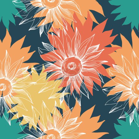 Illustration for Seamless pattern with yellow flowers. Sunflower line arts luxury wallpaper design for fabric, prints and background texture, Vector illustration. - Royalty Free Image
