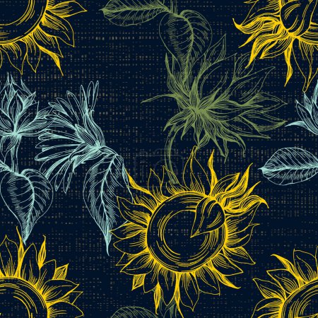 Illustration for Seamless pattern with yellow flowers. Sunflower line arts luxury wallpaper design for fabric, prints and background texture, Vector illustration. - Royalty Free Image
