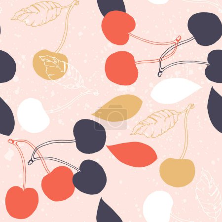 Illustration for Cherry seamless pattern. Vintage hand drawn vector illustration in sketch style. Doodle cherry and abstract elements. Japanese cherry blossom. - Royalty Free Image