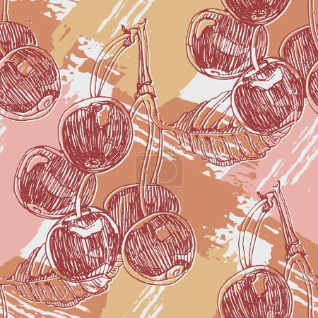 Illustration for Cherry seamless pattern. Vintage hand drawn vector illustration in sketch style. Doodle cherry and abstract elements. Japanese cherry blossom. - Royalty Free Image