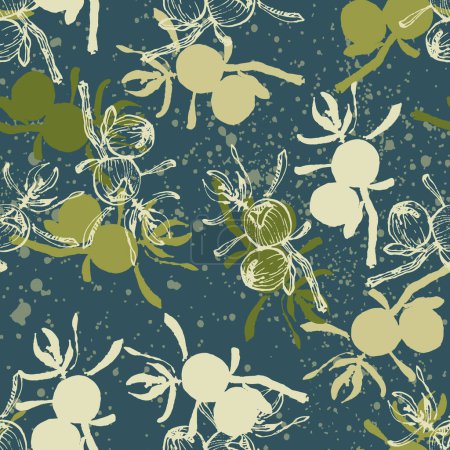 Illustration for Hand drawn juniper seamless pattern. Juniper berries with leaves on shabby background. Original simple flat illustration. Shabby style. - Royalty Free Image