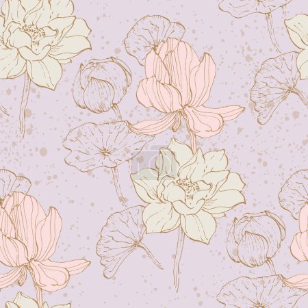 Illustration for Floral seamless pattern with hand drawn lotus flowers and leaves. Fashionable template for design. Abstract floral pattern. - Royalty Free Image