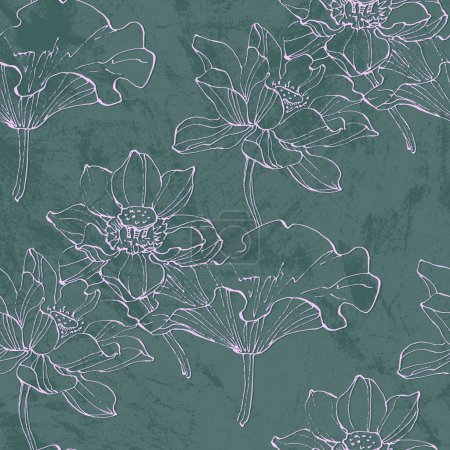 Téléchargez les illustrations : Motif floral sans couture avec des fleurs et des feuilles de lotus dessinées à la main. Modèle à la mode pour le design. Modèle floral abstrait. - en licence libre de droit