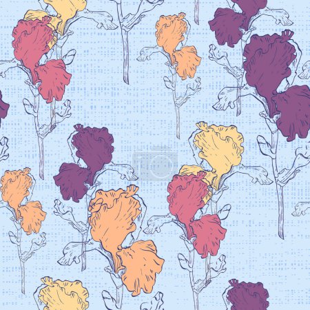 Illustration for Irises seamless patterns Botanical for wrapping paper, textile and wallpaper. Engraved vintage style. Vector illustration. - Royalty Free Image