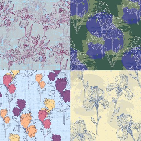 Illustration for Irises seamless patterns Botanical for wrapping paper, textile and wallpaper. Engraved vintage style. Vector illustration. - Royalty Free Image