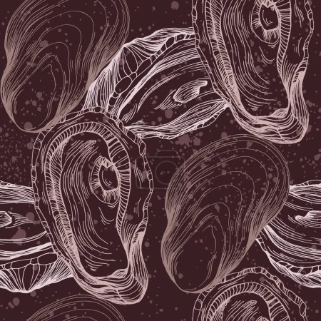 Ilustración de Ostras sin costura dibujadas a mano y línea de perlas. Patrón vectorial abstracto. Repetir antecedentes abstractos. - Imagen libre de derechos
