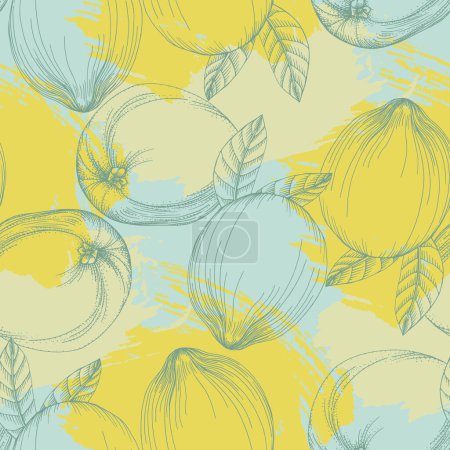 Illustration for Seamless Lemon pattern with tropic fruits. Hand drawn vector illustration in sketch style for summer romantic cover, tropical wallpaper, vintage texture. - Royalty Free Image
