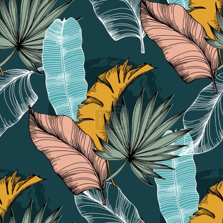 Ilustración de Hojas tropicales patrón sin costura. Selva vector floral patrón de fondo. Plantas modernas para el diseño y textil. - Imagen libre de derechos