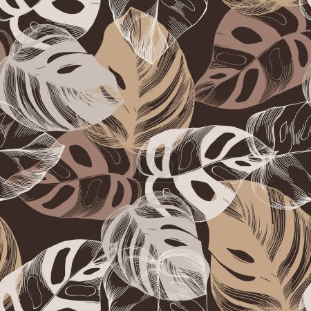 Illustration for Modern minimalist abstract monstera leaves illustration pattern. Creative collage contemporary seamless pattern. Fashionable template for design. Bohemian style. - Royalty Free Image