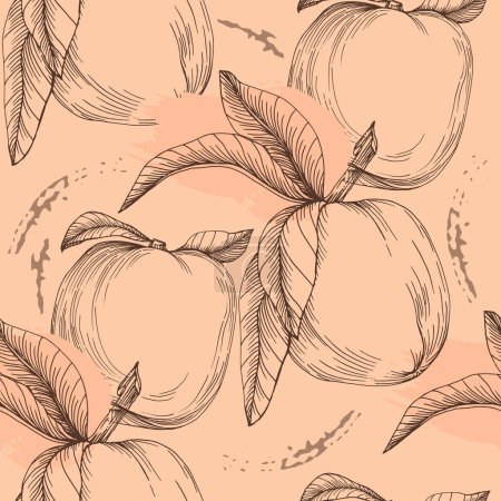 Illustration for Seamless peach pattern with tropic fruits, leaves, flowers background. Vector illustration for summer cover, tropical wallpaper, vintage texture, backdrop, wedding invitation - Royalty Free Image