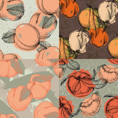 Illustration for Seamless peach pattern with tropic fruits, leaves, flowers background. Vector illustration for summer cover, tropical wallpaper, vintage texture, backdrop, wedding invitation - Royalty Free Image