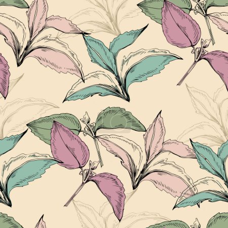 Illustration for Seamless pattern of mint leaves. Hand drawing. Good for textile printing and adult coloring books. - Royalty Free Image
