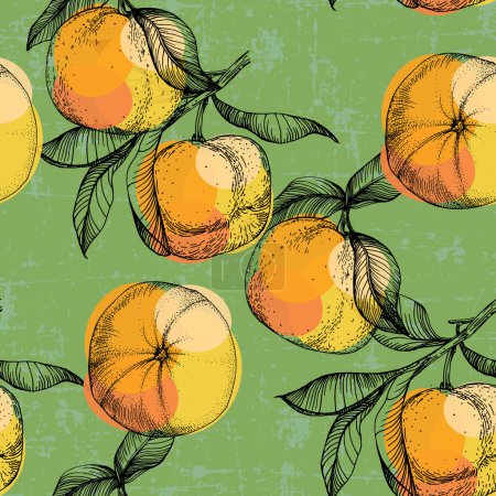 Illustration for Mandarin Floral Pattern, Vector Seamless Fruit Background, Citrus Fruits, Flowers, Leaves, Texture. Vintage Lemon Design for Print, Wedding, Backdrop, Wallpaper - Royalty Free Image