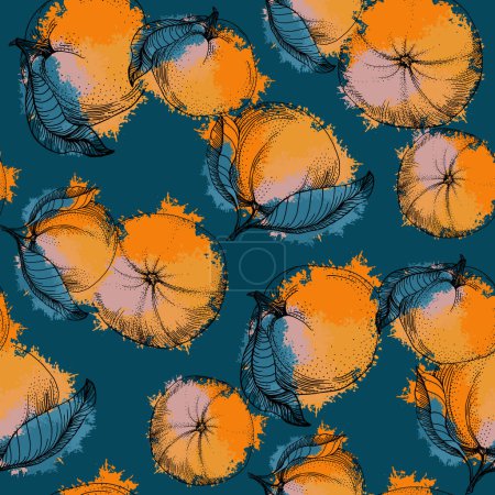 Téléchargez les illustrations : Mandarin Floral Pattern, Vector Seamless Fruit Background, Agrumes, Fleurs, Feuilles, Texture. Design vintage citron pour imprimer, mariage, toile de fond, Fond d'écran - en licence libre de droit
