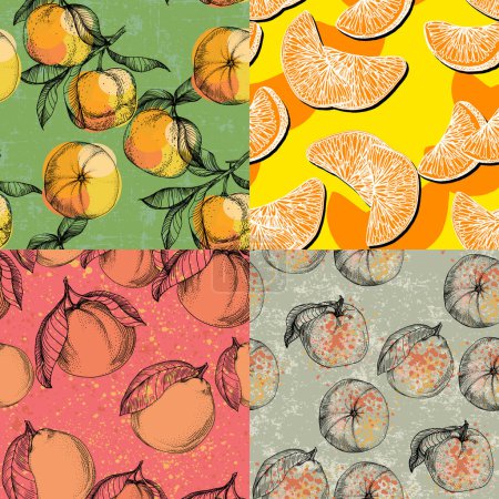 Ilustración de Patrón floral de mandarina, fondo de fruta sin costura vectorial, frutas cítricas, flores, hojas, textura. Diseño de limón vintage para imprimir, Boda, Fondo, Papel pintado - Imagen libre de derechos