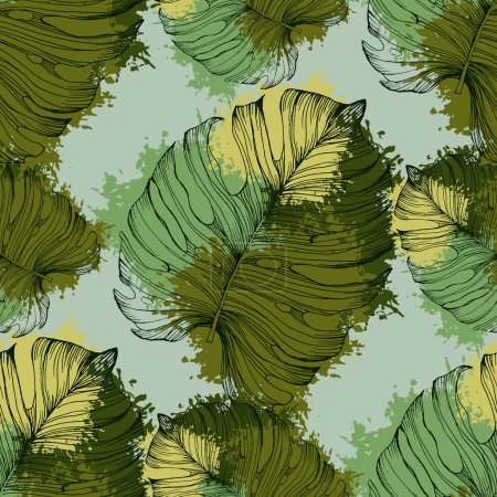 Illustration for Green tropical seamless pattern background with palm leaves for decor, covers, backgrounds, wallpapers. Collage contemporary floral Modern exotic plants illustration in vector. - Royalty Free Image