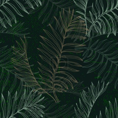Illustration for Green tropical seamless pattern background with palm leaves for decor, covers, backgrounds, wallpapers. Collage contemporary floral Modern exotic plants illustration in vector. - Royalty Free Image