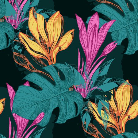 Illustration for Seamless tropical pattern with stylized coconut palm leaves. - Royalty Free Image