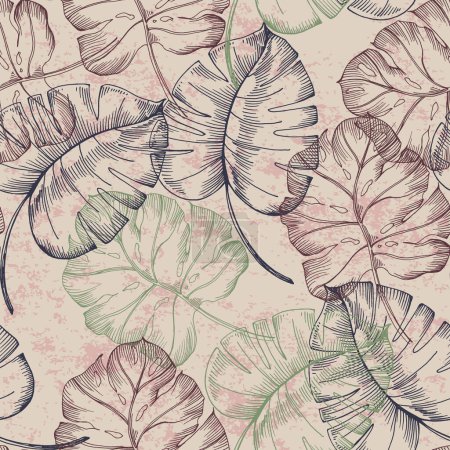 Illustration for Seamless pattern with tropical plants and leaves. Floral seamless vector tropical pattern background with exotic leaves, jungle leaf. Exotic wallpaper, Hawaiian style. - Royalty Free Image