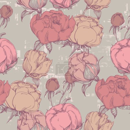 Illustration for Seamless boho floral pattern with peony flowers. Retro collage pattern. Contemporary print for wedding stationary, greetings, wallpapers, fashion, backgrounds, textures, DIY, wrappers, cards - Royalty Free Image