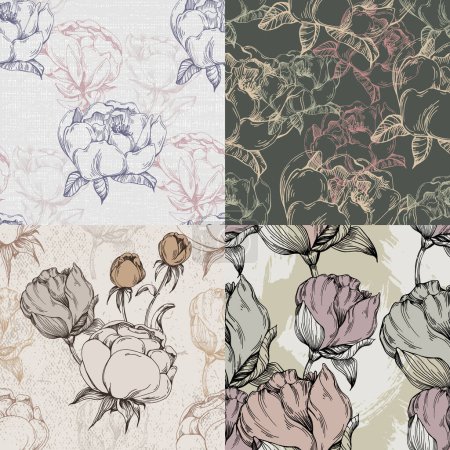 Illustration for Seamless boho floral pattern with peony flowers. Retro collage pattern. Contemporary print for wedding stationary, greetings, wallpapers, fashion, backgrounds, textures, DIY, wrappers, cards - Royalty Free Image