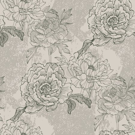 Illustration for Seamless boho floral pattern with pink peony flowers. Retro collage pattern. Contemporary print for wedding stationary, greetings, wallpapers, fashion, backgrounds, textures, DIY, wrappers, cards - Royalty Free Image