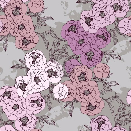 Illustration for Seamless boho floral pattern with pink peony flowers. Retro collage pattern. Contemporary print for wedding stationary, greetings, wallpapers, fashion, backgrounds, textures, DIY, wrappers, cards - Royalty Free Image