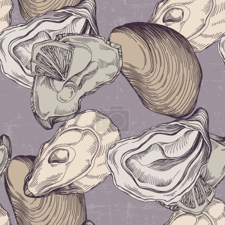 Téléchargez les illustrations : Huîtres vintage Modèle de fruits de mer. Un fond simple est idéal pour l'impression, textiles, tissu, papier peint, papier d'emballage, frottement - en licence libre de droit