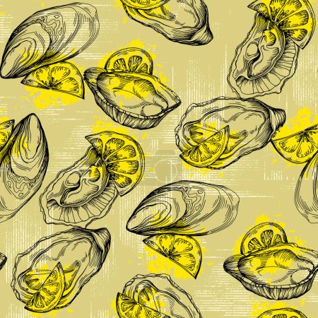 Téléchargez les illustrations : Huîtres vintage Modèle de fruits de mer. Un fond simple est idéal pour l'impression, textiles, tissu, papier peint, papier d'emballage, frottement - en licence libre de droit
