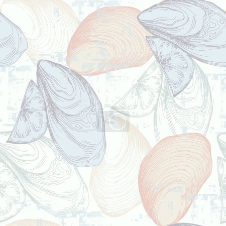 Ilustración de Ostras vintage patrón de mariscos. Un fondo simple es ideal para la impresión, textiles, tela, papel pintado, papel de envolver, fregar - Imagen libre de derechos
