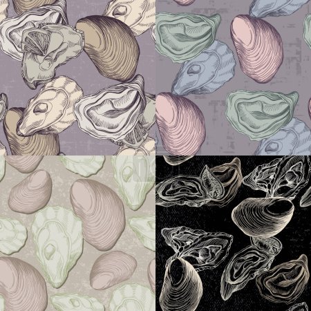 Illustration for Oysters vintage Seafood pattern. A simple background is ideal for printing, textiles, fabric, wallpaper, wrapping paper, scrubbing - Royalty Free Image