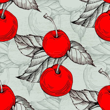 Illustration for Cherry pattern for printing on fabric, paper, wallpaper. Abstract cherry print, banner. Fruit berry background. - Royalty Free Image