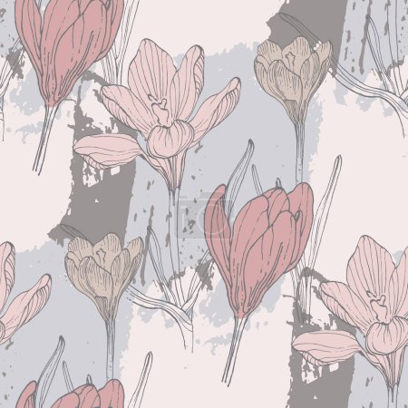Ilustración de Crocuses Patrón floral sin costuras en primavera para Boda, aniversario, cumpleaños y fiesta. Diseño para tarjeta de invitación, marco de imagen, póster, álbum de recortes - Imagen libre de derechos