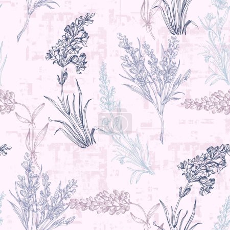 Illustration for Lavender flowers vector seamless pattern. Beautiful retro hand drown doodle style floral backgrounds. Great for summer and spring textiles, banners, wallpapers, wrapping. - Royalty Free Image